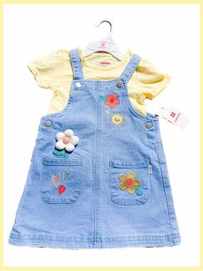Catimini NWT Embroidered Denim Overall Dress Yellow Shirt Set 18 24m New Girls